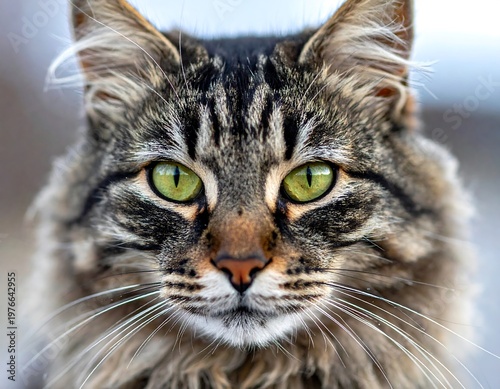 Close-up of a domestic long-haired cat with striking green eyes, staring forward