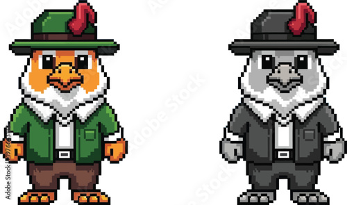 Pixel art illustration of two cartoon birds, one colorful and one grayscale, dressed in traditional Bavarian outfits with hats and jackets.