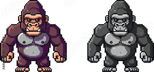 Two pixel art gorillas, one in brown and purple hues and the other in grayscale, standing with muscular chests, designed as game sprites or digital characters.