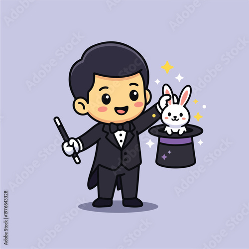 Cartoon magician with white rabbit.