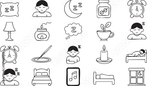 Bedtime and Sleep Outline Icons Collection for Healthy Lifestyle