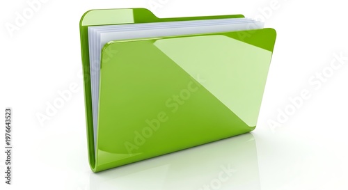 3d render of glossy green folder with documents on white background.