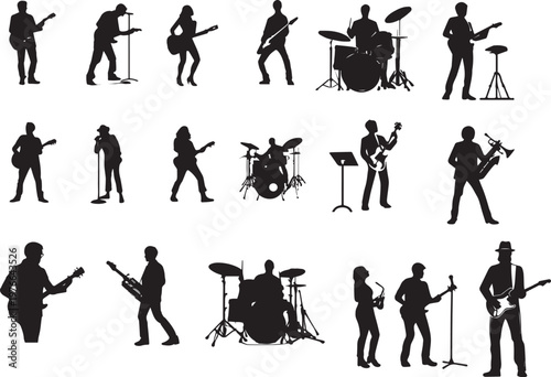 Live music band silhouettes performing instruments isolated vector illustration concert performance