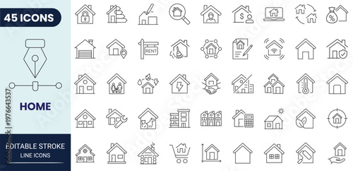 Home icon set in outline style. Editable stroke. Vector icon collection.
