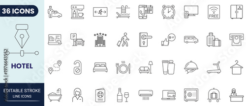 Hotel icon set in outline style. Editable stroke. Vector icon collection.
