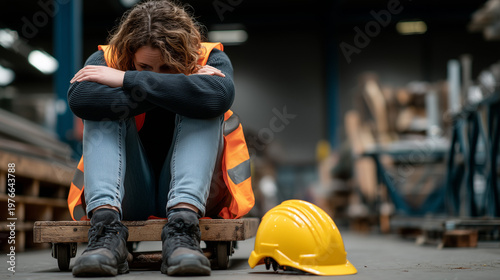 Melancholy at the Workplace: A construction worker, overcome with despondency, sits dejectedly amidst the tools of her trade, head bowed in a moment of quiet dejection.