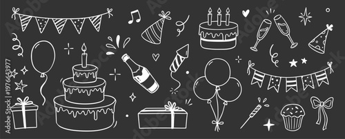 Birthday doodle icon element on chalkboard background. Hand drawn sketch doodle birthday cake, gift, event decoration element. Party, carnival celebration concept background. Vector illustration