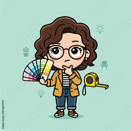 Cartoon woman with color swatches.