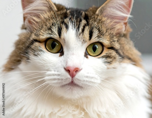 Close-up of a domestic long-haired cat with striking green eyes