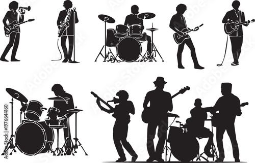 Musical band performers silhouettes with instruments representing concert entertainment and artistic expression