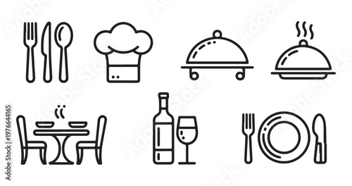 Restaurant dining kitchen vector illustration. chef hat and cooking tools, eating utensils, table set.