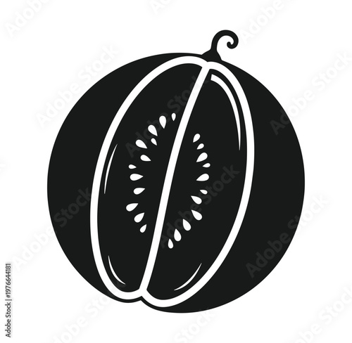 A black and white illustration of a cut melon on a plate