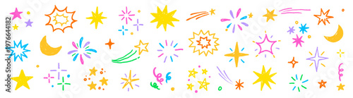 Star sticker crayon texture icon set. Star icon kid sketch hand drawn line marker crayon brush color texture..Cute cartoon funny childish magic twinkle glow pastel decoration. Vector illustration.