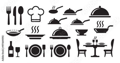 Kitchenware cooking tools and restaurant dining elements vector illustration, chef hat and utensils.