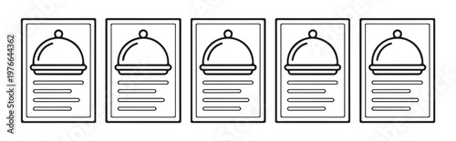 Set of five outline restaurant menu icons with main course dish dome and text lines in a row.