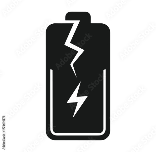Black battery icon with white lightning bolt cracks on white background