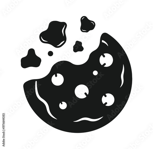 Black chocolate cookie with bite taken on white background