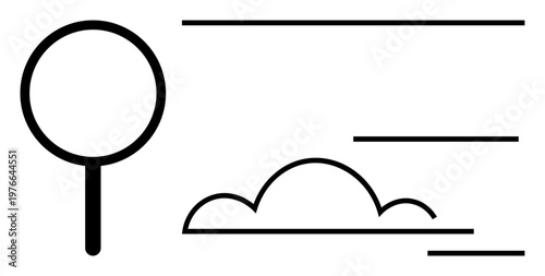 Search optimization, cloud storage, data analysis, minimalism, technology solutions, discovery. Magnifying glass and curved lines suggest analysis and connection. Search optimization and cloud