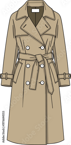 Classic beige trench coat with belt and buttons, elegant women's fashion outerwear.