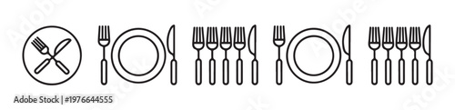 Set of kitchen cutlery vector illustration with fork knife plate restaurant food eating symbols.