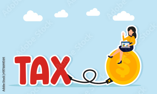 Businesswoman working on laptop on dollar coin connected to tax text illustration of effort to fulfill business tax obligations and financial compliance