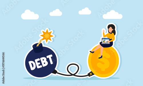 Businesswoman working on laptop on dollar coin connected to debt bomb illustration of effort to repay business debt and manage financial risk