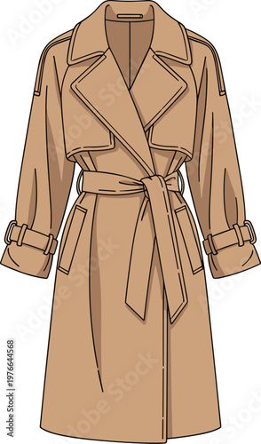 Classic beige trench coat with belt and buckle details on sleeves for women.