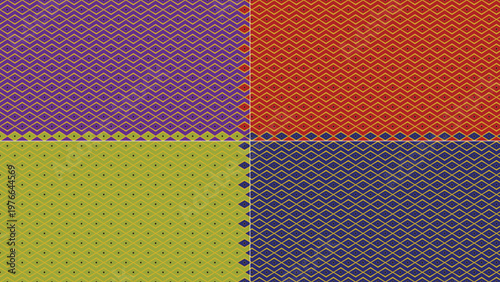 Vibrant geometric seamless pattern background with repeating diamond shapes. Four colorful sections: purple, red, lime green, blue. Yellow zigzag lines, black stars. Ideal for modern