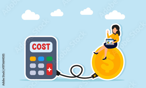 Businesswoman working on laptop on dollar coin connected to cost calculator illustration of investment to cover business expenses and financial planning