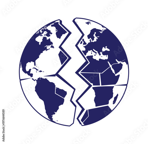 Blue puzzle globe with cracked continents map in two pieces