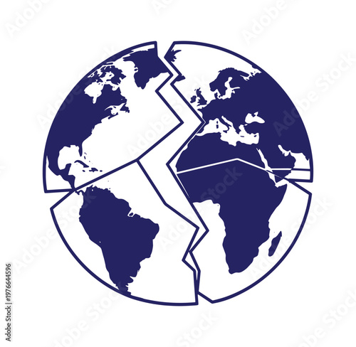 Blue puzzle pieces of the world map in circular shape isolated on white background