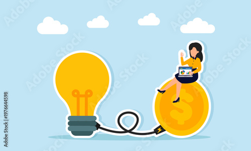 Businesswoman working on laptop on dollar coin connected to light bulb illustration of investment for generating business ideas and innovation