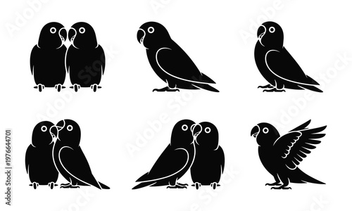 Set of black silhouette illustrations of lovebirds in various poses and interactions with lovebird