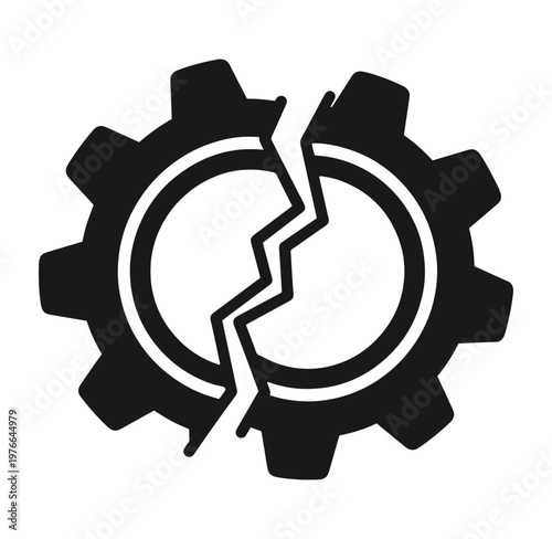Broken gear icon with cracked cogwheel on white background
