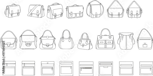 bag, collection, handbag, purse, satchel, accessory, fashion, leather, template, design, set, technical, drawing, vector, flat, cad, illustration, modern, stylish, minimal