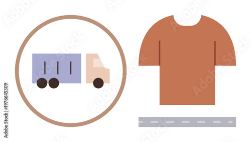 E-commerce, supply chain, clothing delivery, transportation, fashion logistics, shipping services. A truck in a circular frame, a brown shirt and a road below. E-commerce and supply chain concept