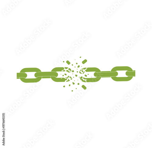 Green chain breaking apart in the middle with pieces flying off  symbol of freedom and liberation
