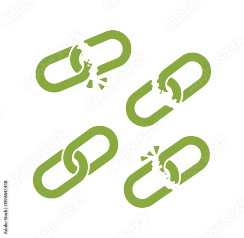 Green chain links broken apart on white background