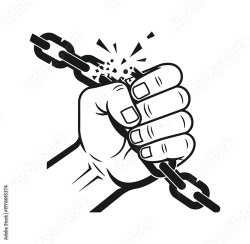 Hand breaking chain link with force and power in a dynamic action scene