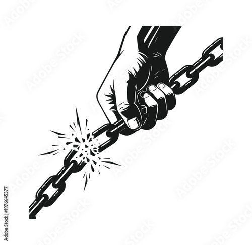 Hand breaking a chain with a spark  symbol of freedom and strength