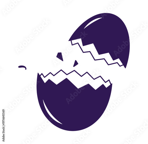 Purple egg broken into two pieces on white background
