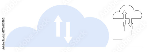 Cloud data transfer. Diagram with bidirectional arrows cloud data transfer and cloud computing. Ideal for technology, IT services, digital storage, cloud solutions, data management