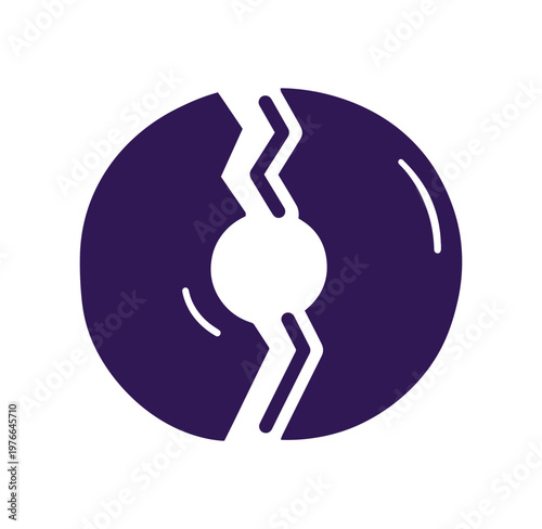 Purple vinyl record with broken crack line through middle isolated on white background