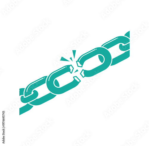 teal broken chain link with explosion effect on white background