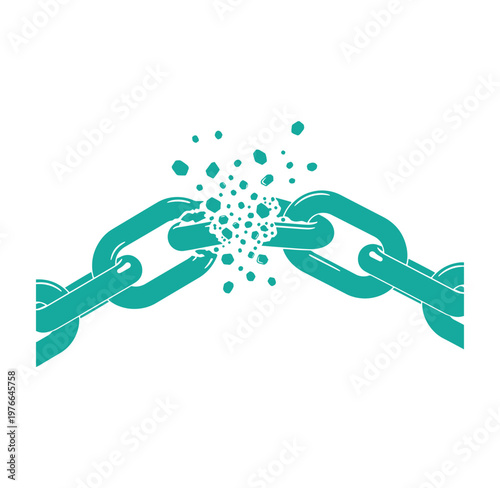 Teal chain breaking apart with particles flying out in all directions on white background