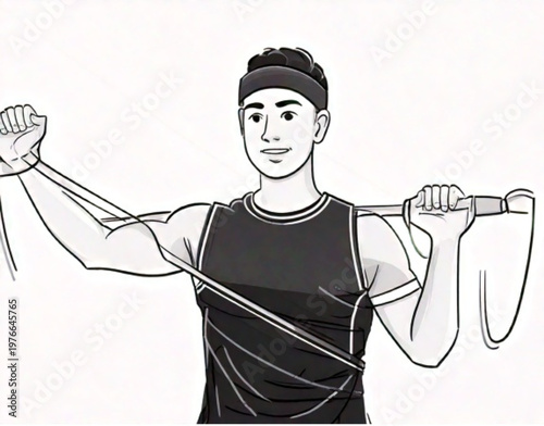 Man exercising with resistance band for shoulder workout.