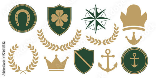 Vintage lucky charm badges flat vector illustration, emerald gold horseshoe icon, circular crest shape, four leaf clover motif, shield emblem star, gold coin wreath, ribbon banner, crown anchor symbol