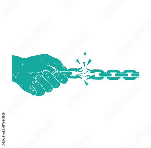 Teal hand breaking free from a chain link with a burst effect on a white background