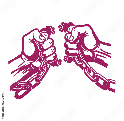 Two fists holding broken chain links in magenta color on white background