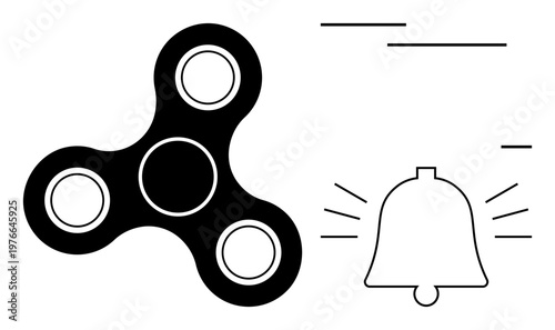 Stress relief, notifications, mindfulness, relaxation tools, alerts, playful elements. Black fidget spinner next to a ringing bell icon. Stress relief and notifications concept